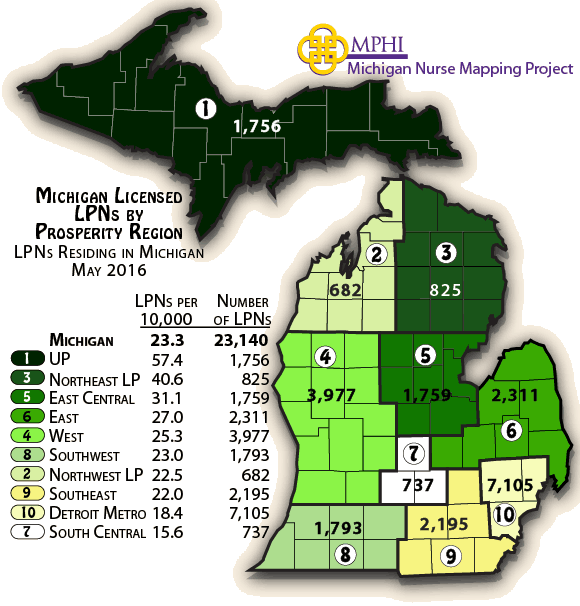 map depicts Michigan licensed practical nurses by prosperity regions in 2016